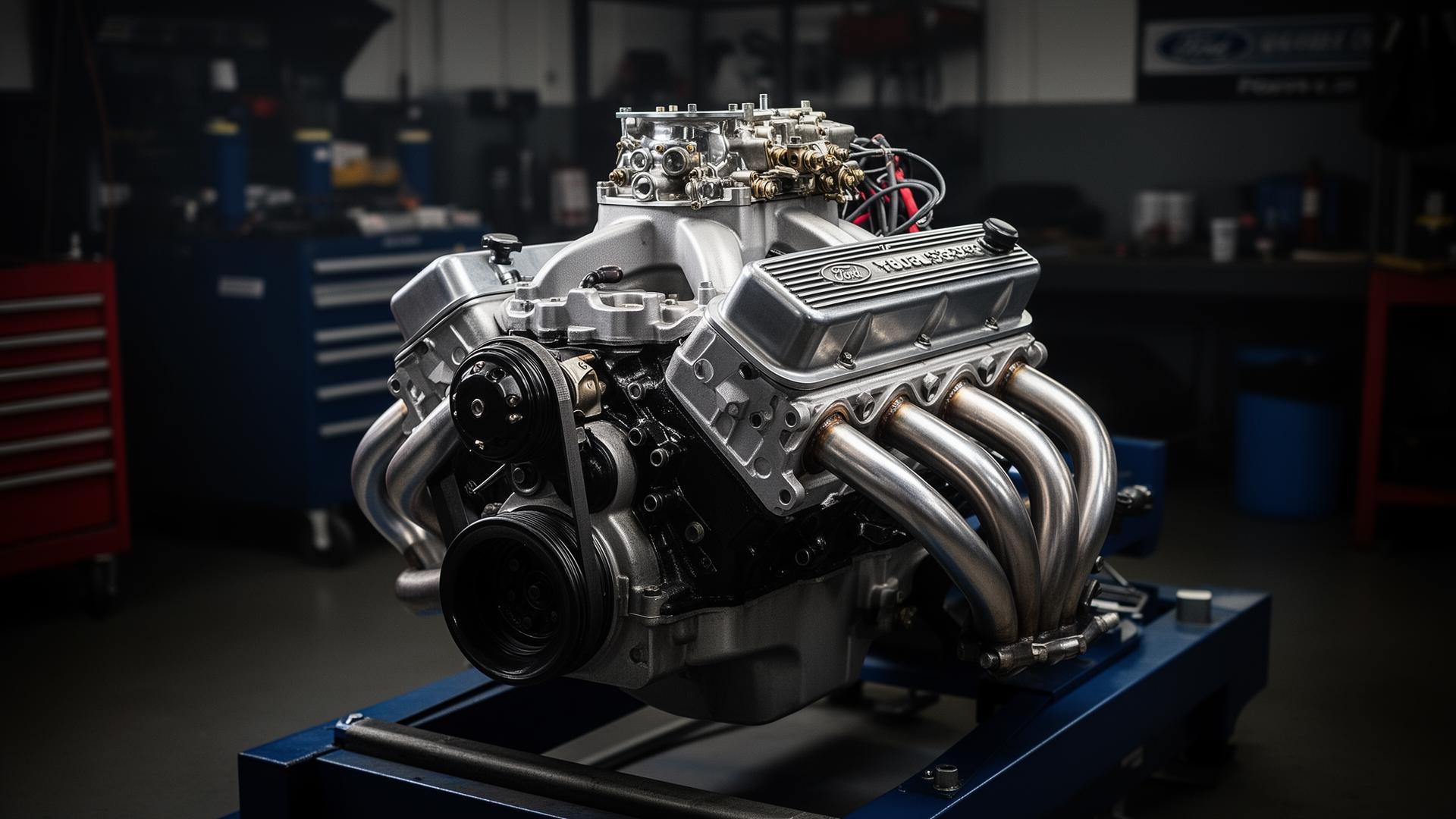 Ford V8 302 Small-Block-Rennmotor auf Motorenprüfstand in der RTR-Werkstatt